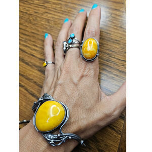 Vintage Art Nouveau Sterling Butterscotch Egg Yolk Amber Bracelet Ring Set